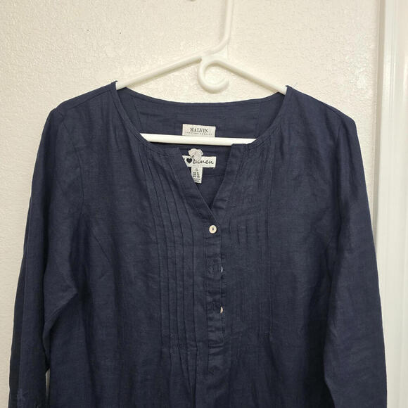 NWT Malvin 100%Linen DarkNavy Long Sleeve Shift Tunic Dress V-neck Embroidered L - Picture 6 of 9